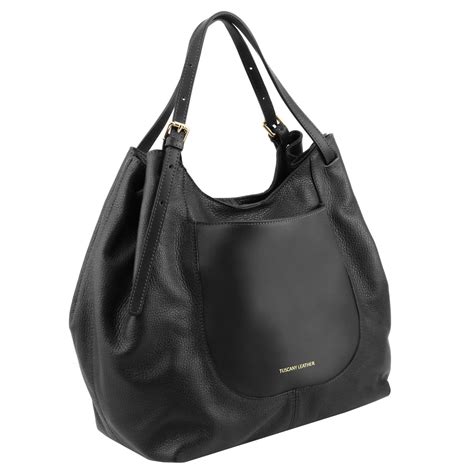 Borsa shopping in pelle morbida Nero 